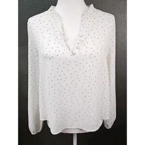 Iris Long Sleeve Pullover Semi Sheer Top Women's Medium White Black Dot Blouse